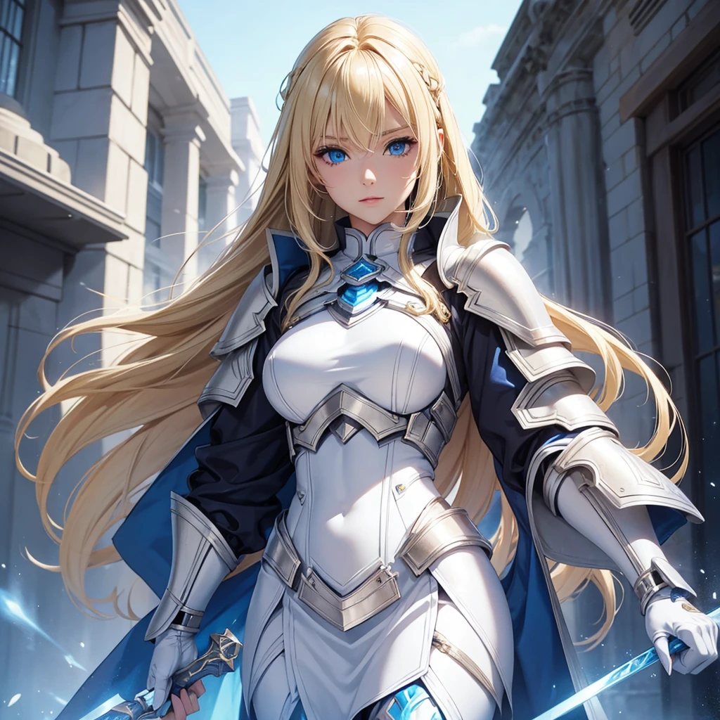masterpiece, best quality,1girl, solo, long hair, blonde hair, jeanne d'arc (fate), armor, blue eyes, weapon, sword, armored dress, gauntlets, headpiece, jeanne d'arc (third ascension) (fate),(kbxll:0.6), <lora:jeanneDarcFate_v10:1>