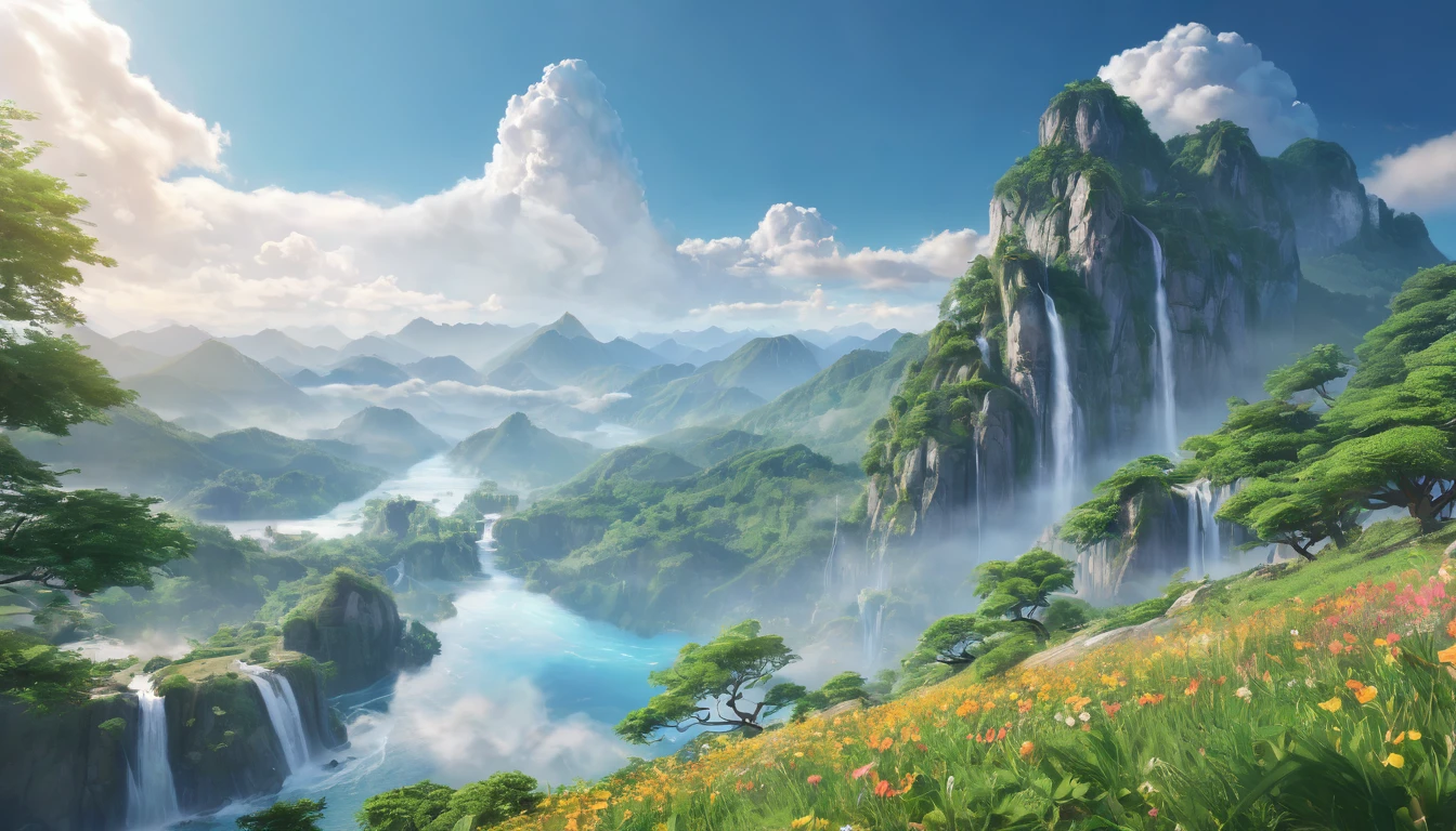 masterpiece, best quality, high quality, Extremely detailed CG unity 8k wallpaper, landscape, outdoor, sky空, cloud, sky, No humans, Mountain, landscape, water, Tree, blue sky空, waterfall, cliff, nature, lake, river, cloudy sky空,Award-winning photography, Bokeh, Depth of Field, Human Development Report, bloom, Chromatic Aberration ,Reality,Extremely detailed, Popular on ArtStation, Popular on CGsociety, complex, High Detail, dramatic, midjourney&#39;s Artwork