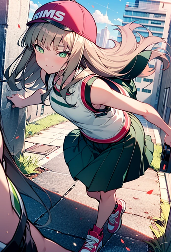 minami yume ,sss Dynazenon ,Long Hair, Brown Hair, (Green Eyes:1.5) ,blush,smile,hair band,Sleeveless shirt,Baseball cap,Long skirt,sneakers,Daytime,Clear skies,Walking,whole bodyがイラストに入るように, break looking at viewer, whole body, break outdoors ,Building district, break (masterpiece:1.2), Highest quality, High resolution, unity 8k wallpaper, (shape:0.8), (Beautiful and beautiful eyes:1.6), Highly detailed face, Perfect lighting, Extremely detailed CG, (Perfect hands, Perfect Anatomy),
