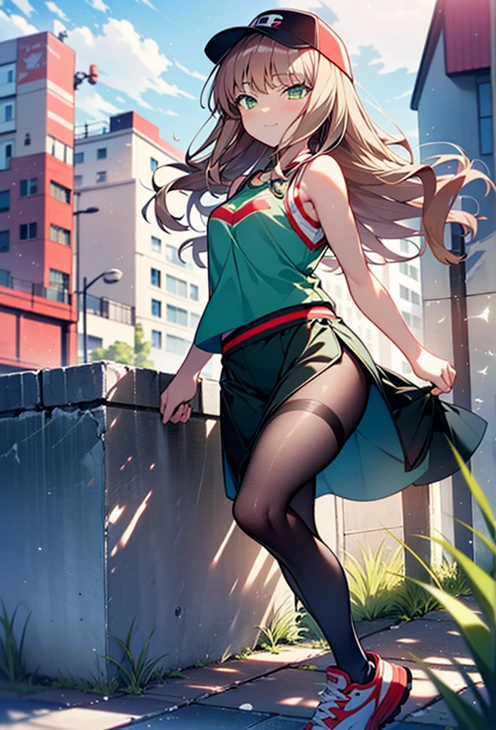 minami yume ,sss Dynazenon ,Long Hair, Brown Hair, (Green Eyes:1.5) ,blush,smile,hair band,Sleeveless shirt,Baseball cap,Long skirt,sneakers,Daytime,Clear skies,Walking,whole bodyがイラストに入るように,　　　　　　break　looking at viewer, whole body, 　　　　　　　break outdoors ,Building district,　　　　　　　　　　　　break (masterpiece:1.2), Highest quality, High resolution, unity 8k wallpaper, (shape:0.8), (Beautiful and beautiful eyes:1.6), Highly detailed face, Perfect lighting, Extremely detailed CG, (Perfect hands, Perfect Anatomy),
