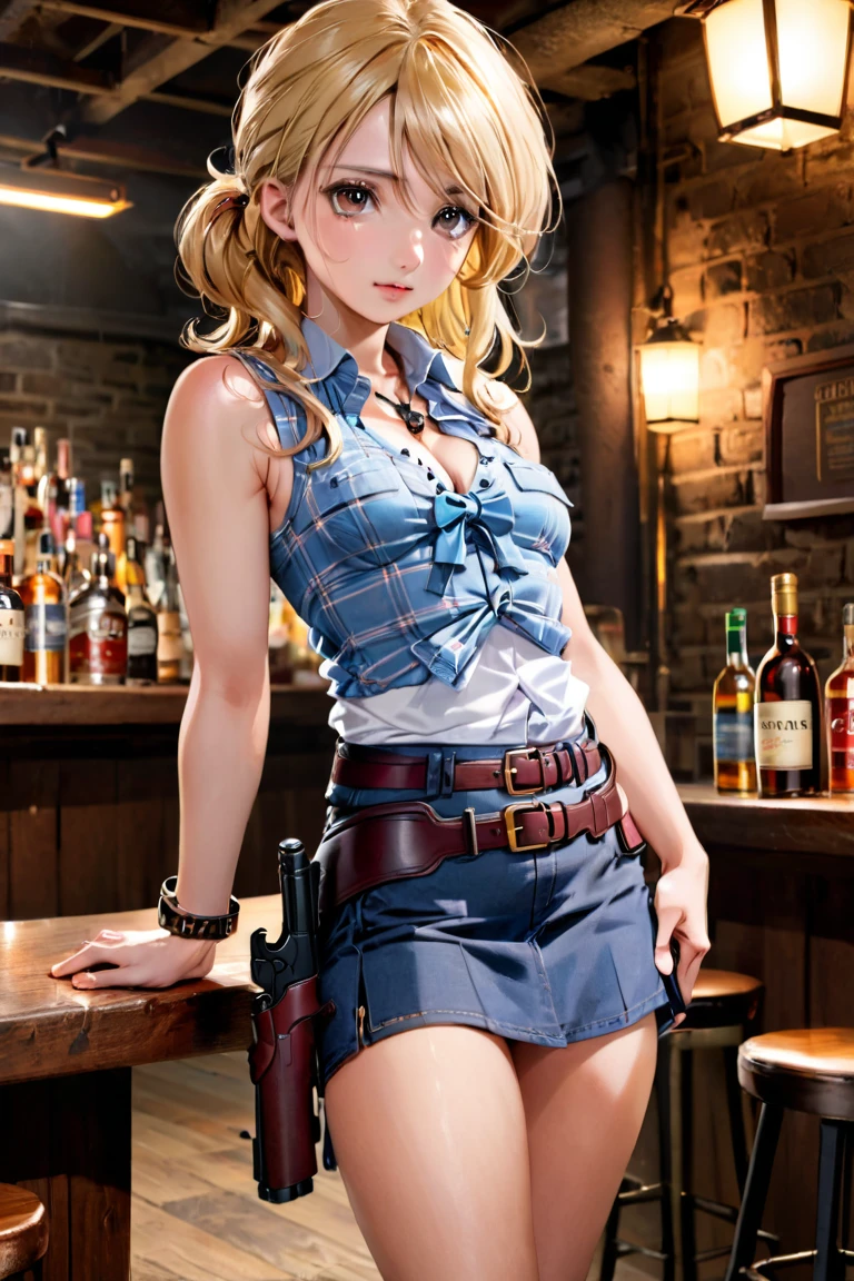 (((1 person:2.0))),(((Cowgirl Costume))),(((Slender body:1.2))),(((Small Ass:1.2))),(((high waist,Denim mini skirt))),(((Wear one leather belt))),(((Brown gun belt with holster:1.8)))(((He is wearing a sleeveless shirt, Plaid, Front tie shirt.))),(((wear the watch))),(((Sandals:1.2))),(((Showing cleavage))),(((Showing your belly button))),(((Exposing thighs:1.2))),(((Small breasts:1.5))),(((Exposed arms:1.2))),(((Her hair is blonde))),, Beautiful detailed girl, Very detailed目と顔, 緻密でBeautiful Eyes, Very detailed, High resolution, Highest quality, masterpiece, Very detailed, 8k wallpaper, wonderful, finely, Highest quality, The light shines on your face,(((Dark basement bar:1.2)))),Beautiful Eyes,(((Beautiful Face:1.2))),Cowboy Shot