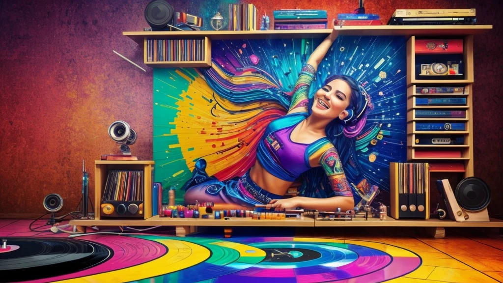 (Best Quality,ultra detailed),(realist:1.37)dj girl, (((vinyl shelf))), Lively dance floor, foreshortening, (seductive position), look at the viewer,smiling,(NSFW:1.0), in headphones, T-shirt, Ribbons, An impatient expression on his face,creation,happy,playful,happy,expressive,Beautiful bright colors,imagination,Musical talent,Passion for art,musical disorder,,The creative process,Presentation of the final result,inspiration,Musical creativity,Vivid imagination,stamping ,Musicians palette,,A creative journey,Musical efforts,musical performance,creative energy,Artistic atmosphere,,rasgos expressives,playful atmosphere,Artistic game,Live art scene,,dynamic composition,Living works of art,showy & Vibrant,The result of musical expression,energetic way of writing,A colorful masterpiece.Makeup artists do makeup for celebrities.:1.2), Best Quality, Masterpiece, high resolution, Original, extremely detailed wallpaper, perfect lighting,(Extremely detailed CGI:1.2),