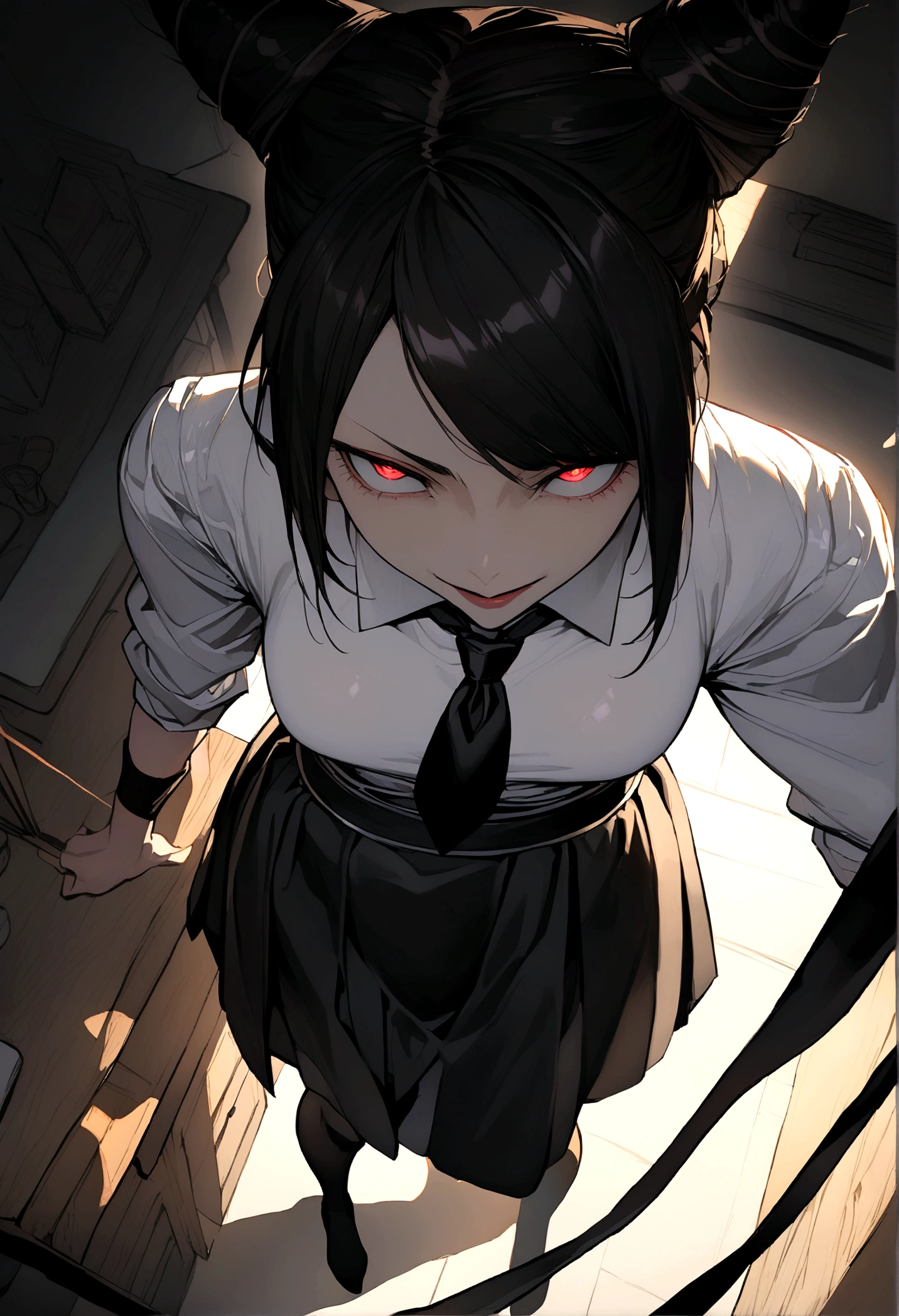 Juri Han, artwork, tight white secretary shirt with black tie, black high-waist skirt, skirt short,sock, Bblack hair, blackstockings,evil smile,DESK,bangs on the eyes,lighting,horn of hair,from above view,staring overhead
