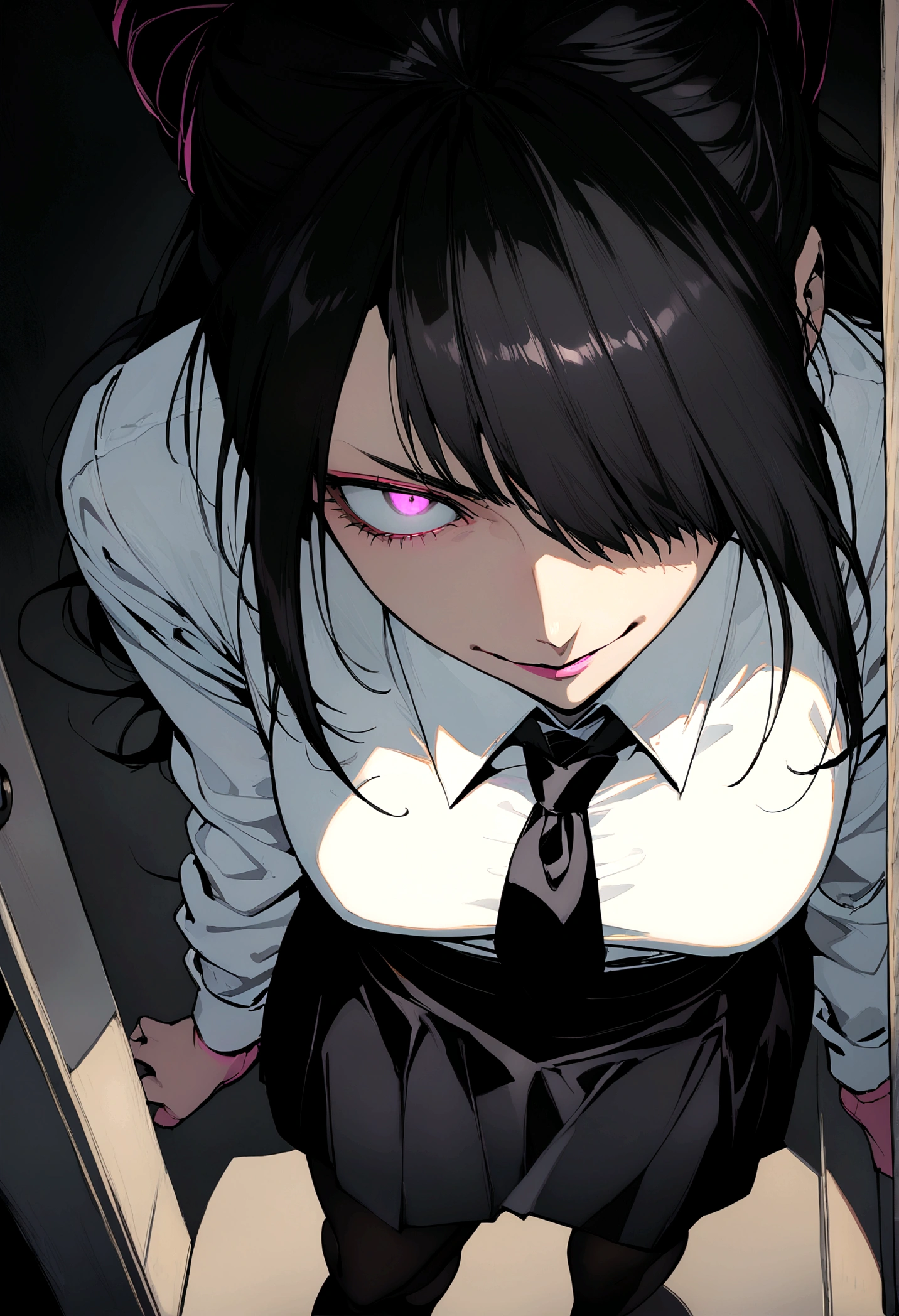 Juri Han, artwork, tight white secretary shirt with black tie, black high-waist skirt, skirt short,sock, Bblack hair, blackstockings,evil smile,DESK,bangs on the eyes,lighting,horn of hair,from above view,staring overhead
