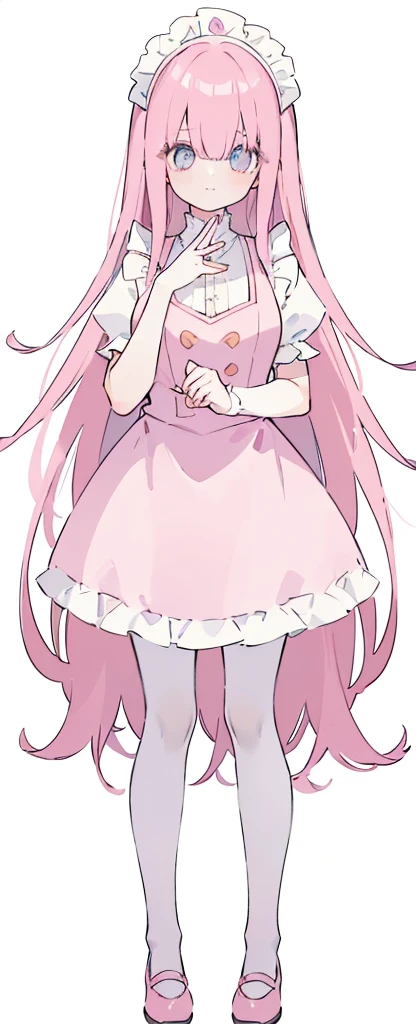 (((Long pinky Beautiful Hair))),pink hair,kawai,(((Eyes visible from bangs,hair over eyes:1.3))),,Huge breasts,(cyan color eyes),,(pink slanted eyes),1girl in,bangs,long CYAN  hair, pantyhose,Cowboy Shot,white background,short hair,smiled,(wearing pink maid clothes), (maid dress type must have a perfect pink vest), Bangs should be long to the tip of the chin(((Standing pose facing to the right side free hand pose))), white background, Perfect arm fingers,,, 1 girl, ((The image must match the tag)) Bangs almost cover the eyes full body (The character's entire body from top to bottom is completely visible) (The character's entire body is visible from head to toe) wearing shiny pink shoes (full body image full body image) full body image full body image) white background, Long slim legs, Perfect pink maid outfit perfect pink vest perfect pink jabot 