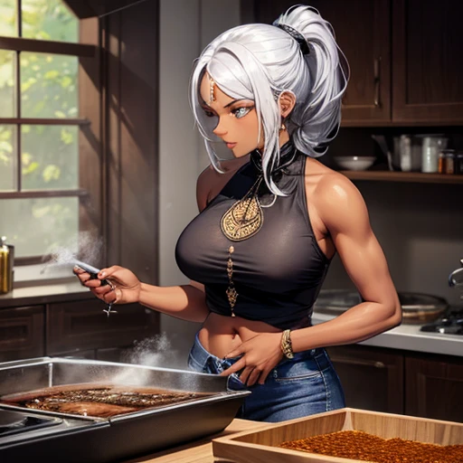 A dark-skinned woman with silver hair in a ponytail, Wearing a black dress shirt and slim jeans, Making spices. Showing your belly button Indian traditional clothing Tandoori kettle