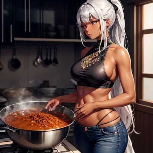 A dark-skinned woman with silver hair in a ponytail, Wearing a black dress shirt and slim jeans, Making spices.　Showing your belly button　Indian traditional clothing　Tandoori kettle