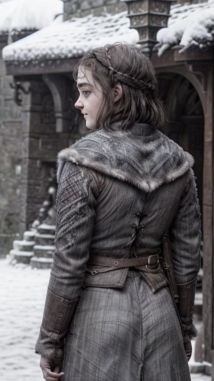 8k, Maisie Williams face, beautiful face, game of thrones character model, smiling, pale white skin, toned abs, small breast, round ass, tight ass, tight asshole, tight pussy, virgin pussy, her round ass visible, tied long brown hair, Maisie Williams as Arya Stark, torn ragged peasant loincloth, standing stance, winterfell city in background, snowing, back View, sharp focus on her ass