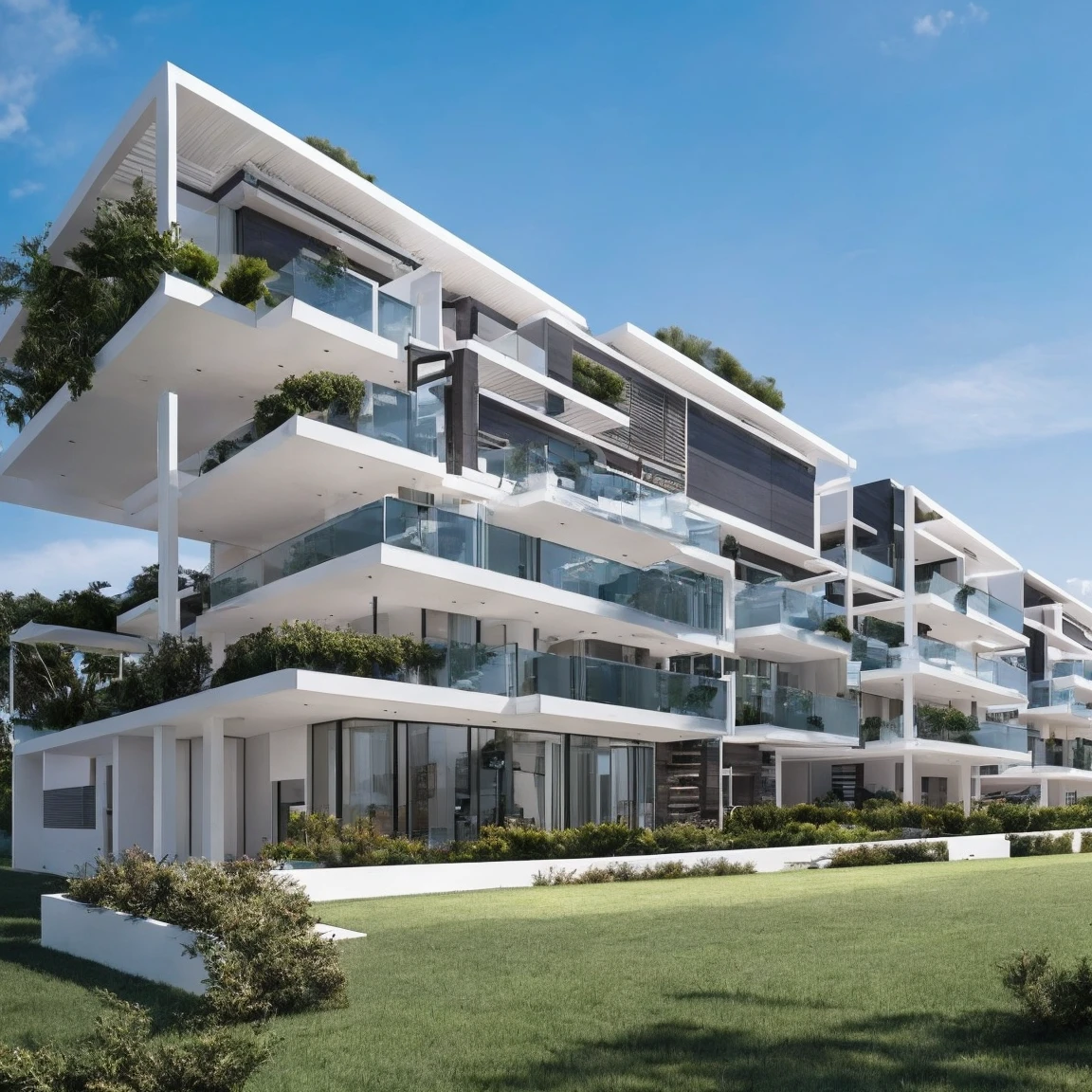 Imagine a vacant plot of land in the heart of a bustling modern city, viewed from the sidewalk. The plot is completely empty, covered in green grass, and surrounded by towering luxurious buildings. Directly behind the plot, there are skyscrapers with glass and steel facades, featuring spacious balconies adorned with lush greenery. To both the left and right sides of the plot, sleek contemporary buildings with large panoramic windows and facades in shades of silver and blue stand tall. The view is from the sidewalk, looking towards the plot, with the busy avenue behind you, filled with luxury cars and well-dressed pedestrians. The sky above is clear with a few clouds, adding to the vibrant and sophisticated urban atmosphere.