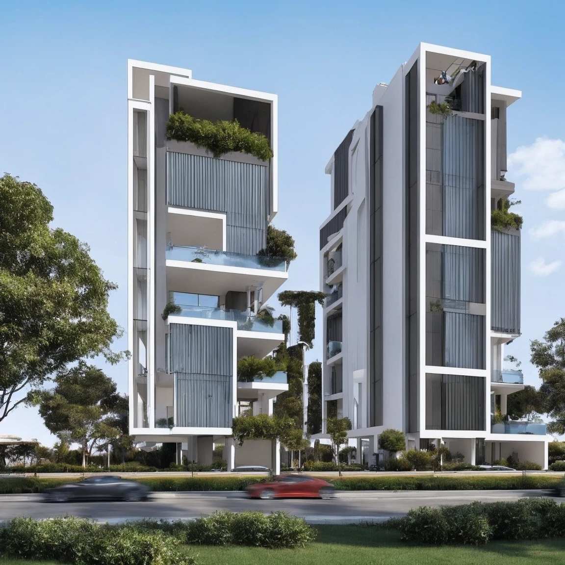Imagine a vacant plot of land in the heart of a bustling modern city, viewed from the sidewalk. The plot is completely empty, covered in green grass, and surrounded by towering luxurious buildings. Directly behind the plot, there are skyscrapers with glass and steel facades, featuring spacious balconies adorned with lush greenery. To both the left and right sides of the plot, sleek contemporary buildings with large panoramic windows and facades in shades of silver and blue stand tall. The view is from the sidewalk, looking towards the plot, with the busy avenue behind you, filled with luxury cars and well-dressed pedestrians. The sky above is clear with a few clouds, adding to the vibrant and sophisticated urban atmosphere.