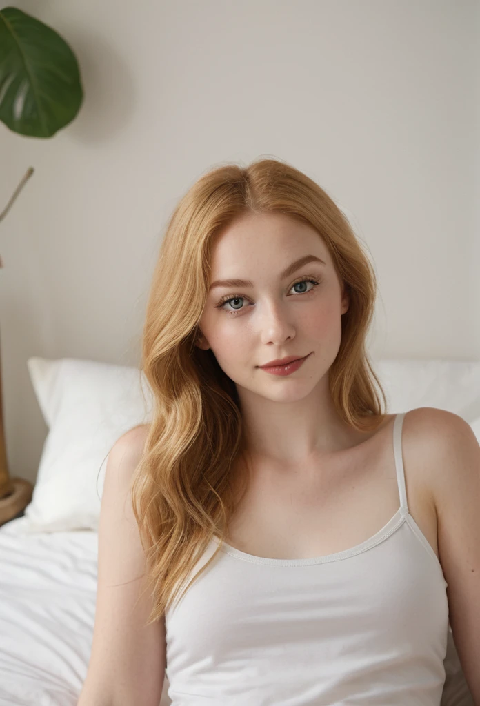 A small woman with a pear-shaped body, ((narrow shoulders)), small breasts, ((narrow waist)), ((wide hips, and full, rounded thighs)). She has smooth, pale skin, long wavy strawberry blonde hair, large almond-shaped hazel eyes with thick dark lashes, a heart-shaped face, high cheekbones, a small upturned nose, full lips,overhead shot, looking at camera , looking up at the ceiling. wearing spaghetti strap tank top, tight athletic shorts, laying in a bed, barefoot.