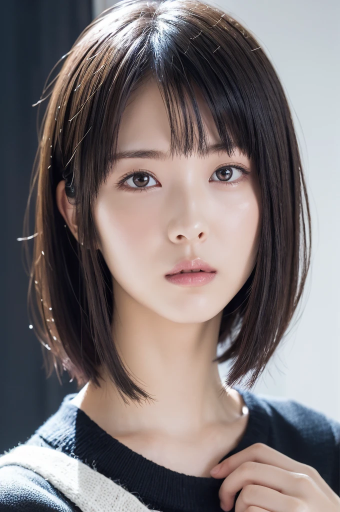 (Super beautiful girl:1.2), A neat and clean woman, masterpiece, Highest quality, Great Skin, 
Delicate face, Angry look, Young Face, Clean look, Twinkle Eyes, double eyelid, 
small, Ample breasts、
((High resolution)), ((Highly detailed CG Unity 8k wallpaper)), 
short hair, bangs, Elegant rounded bob, 
Portrait of a woman in a black sweater, captivating and mesmerizing, Dimly lit room, sentimental、