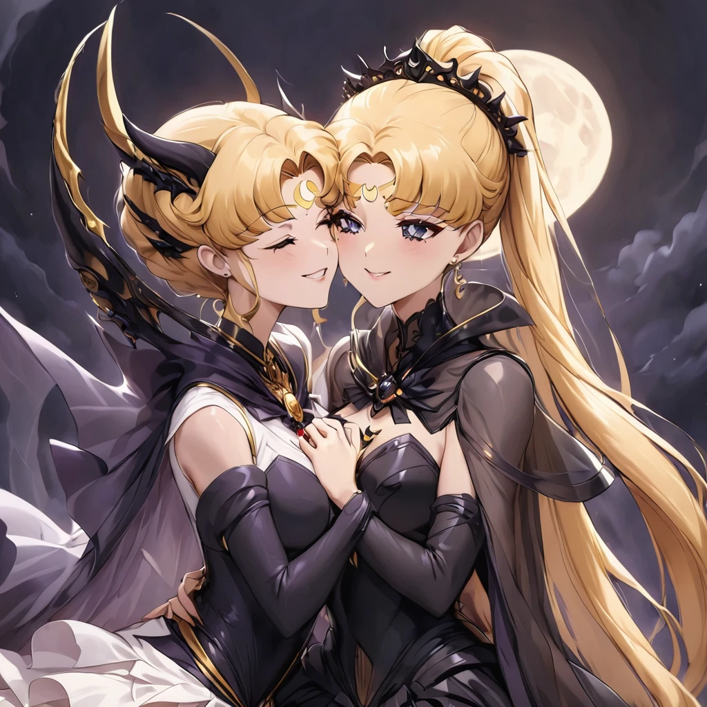 ((Highest quality)), ((masterpiece)), (detailed), (Perfect Face)、Black moon mark on forehead、The woman is Black Serenity, the noble dark queen of the Black Moon clan and has blonde hair.2The woman, Princess Serenity, has long hair tied in a ponytail and is embracing the strong and evil demon king, kissing him and getting married.、The woman has a black inverted crescent moon mark on her forehead, a gorgeous and glittering black gothic Victorian dress, a black veil and a black see-through cape, and is wearing luxurious jeweled accessories. She is the Queen of Darkness, the jet-black Princess Serenity, looking at the camera with a happy expression, and has the expression of a maiden in love.、A woman and a strong, evil demon king embrace each other, kiss each other, and have a wedding ceremony.