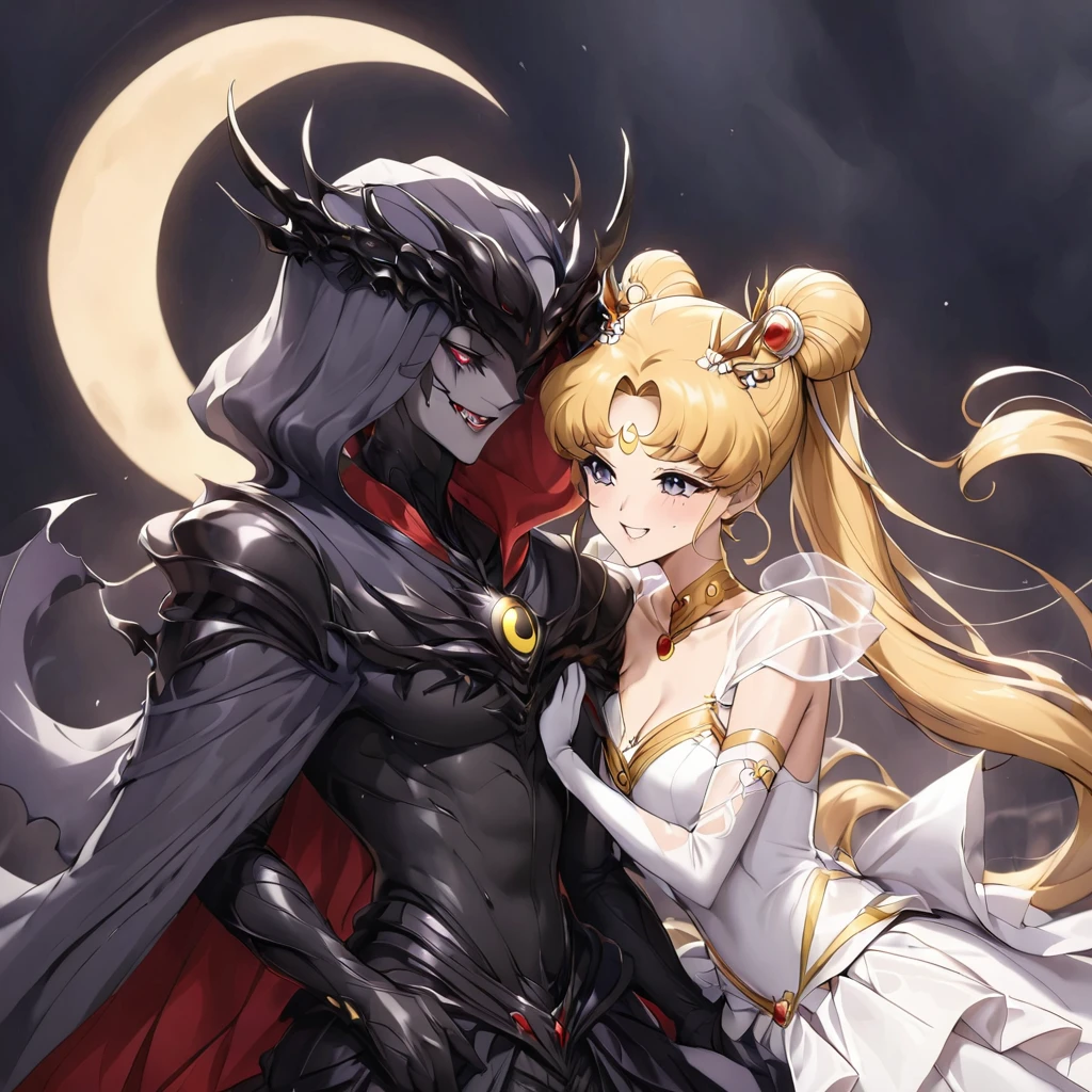 ((Highest quality)), ((masterpiece)), (detailed), (Perfect Face)、Black moon mark on forehead、The woman is Black Serenity, the noble dark queen of the Black Moon clan and has blonde hair.2The woman with long hair tied in a ponytail is Princess Serenity, and she is embracing the strong and evil demon king, kissing him and getting married.、The woman has a black inverted crescent moon mark on her forehead, a gorgeous and glittering black gothic Victorian dress, a black veil and a black see-through cape, and is wearing luxurious jeweled accessories. She is the Queen of Darkness, the jet-black Princess Serenity, looking at the camera with a happy expression, and has the expression of a maiden in love.