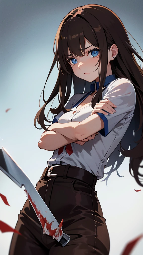 Adult, long brown hair with bangs, blue eyes, knife, bloody, crying