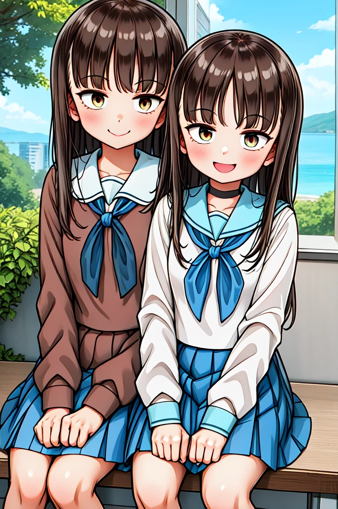 One girl, classroom, Cowboy Shot, Sitting, smile, 
yuzuki_maple, 茶色Eyes, Brown Hair, Long Hair, , Seraphim, White shirt, Blue Skirt, Pleated skirt, Highest quality, masterpiece, High resolution, Eyes,smile, Ruffled shirt collar,Dark red choker,White frill shirt,Juliet Sleeve,Long sleeve,Dark red neck ribbon,Dark red dress,White ruffle dress,White layered dress,Brown corset,Striped pantyhose, Mary Jane,Outdoor,, Amazing visuals, High resolution,masterpiece,Highest quality,Amazing visuals,High resolution,masterpiece,Highest quality,1 Beautiful Fingers,Beautiful long legs,Beautiful body,Beautiful character design,Esbian all over、 Cowboy Shot