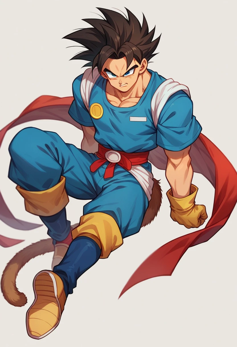 He has spiky hair, super saiyan, blue uniform with a red belt at the waist. boots and gloves are blue (tenebrosa). has a brown tail, similar to a monkey, combat pose, Anime dash, dragon ball z dash