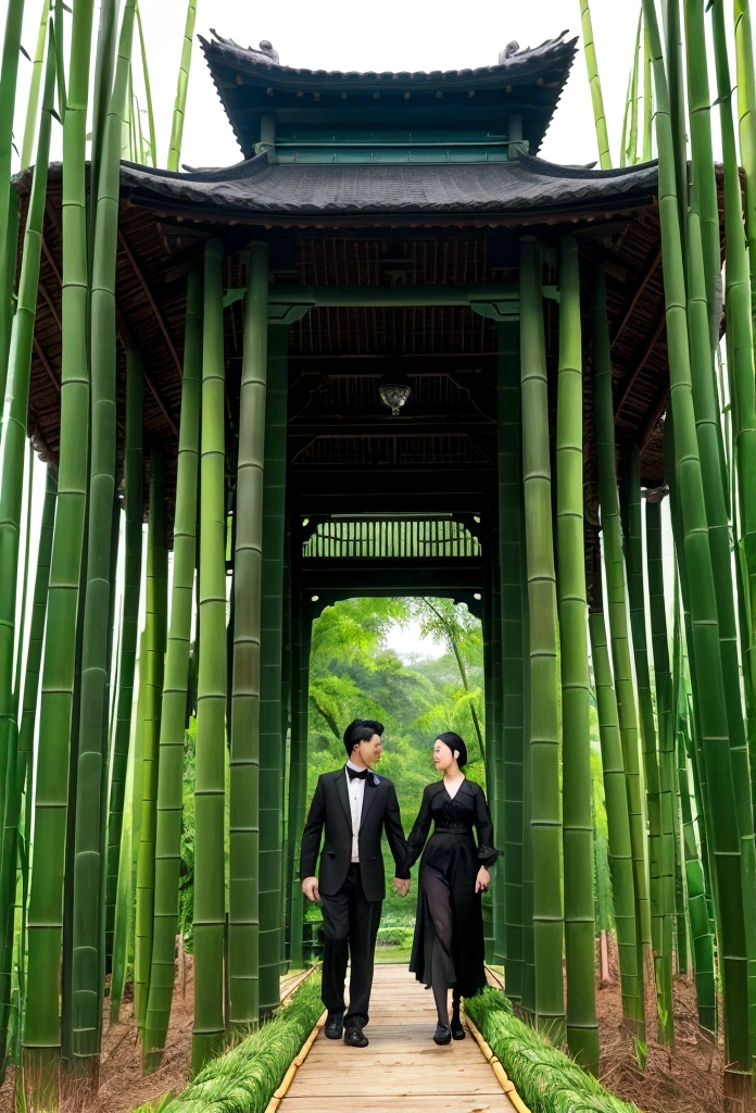 8K,Environmental SDGs,Super Long Shot,Highest quality,Masterpiece,A building made of green bamboo,Walking black cat,An atmosphere blended into nature