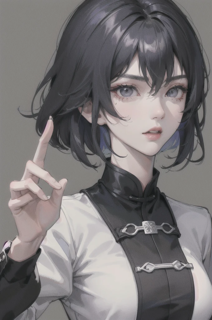 beautfull woman, short black hair with bangs, black sharp nails