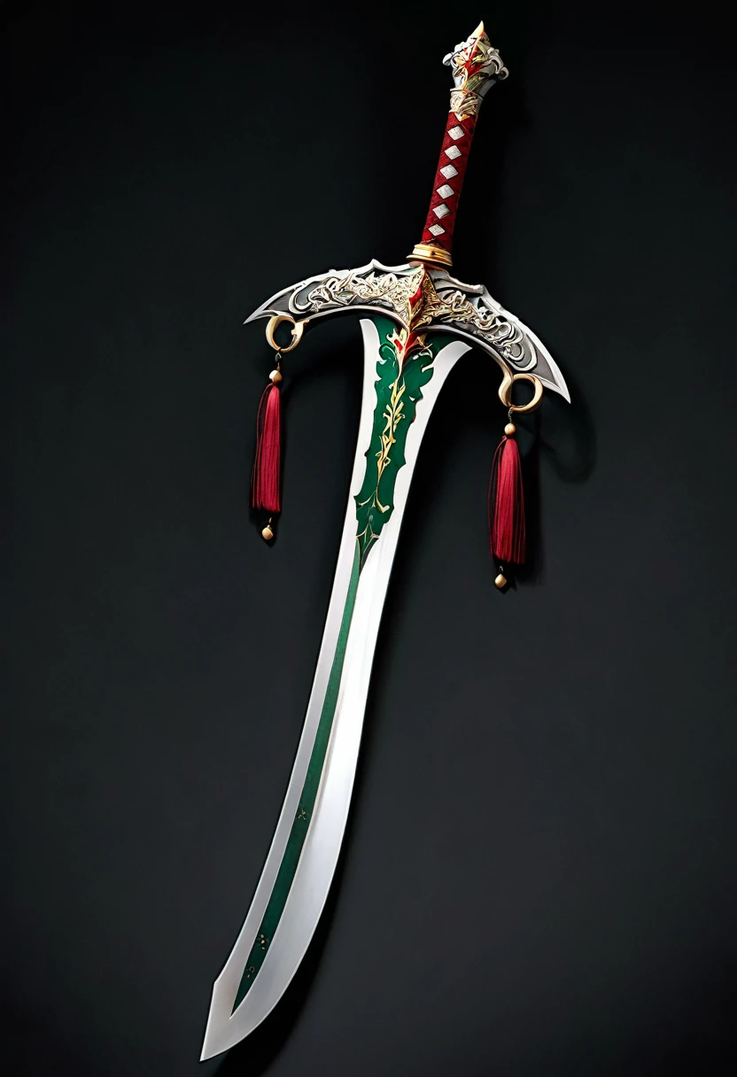 royal looking curved sword, made of white steel with green accents and a red blade