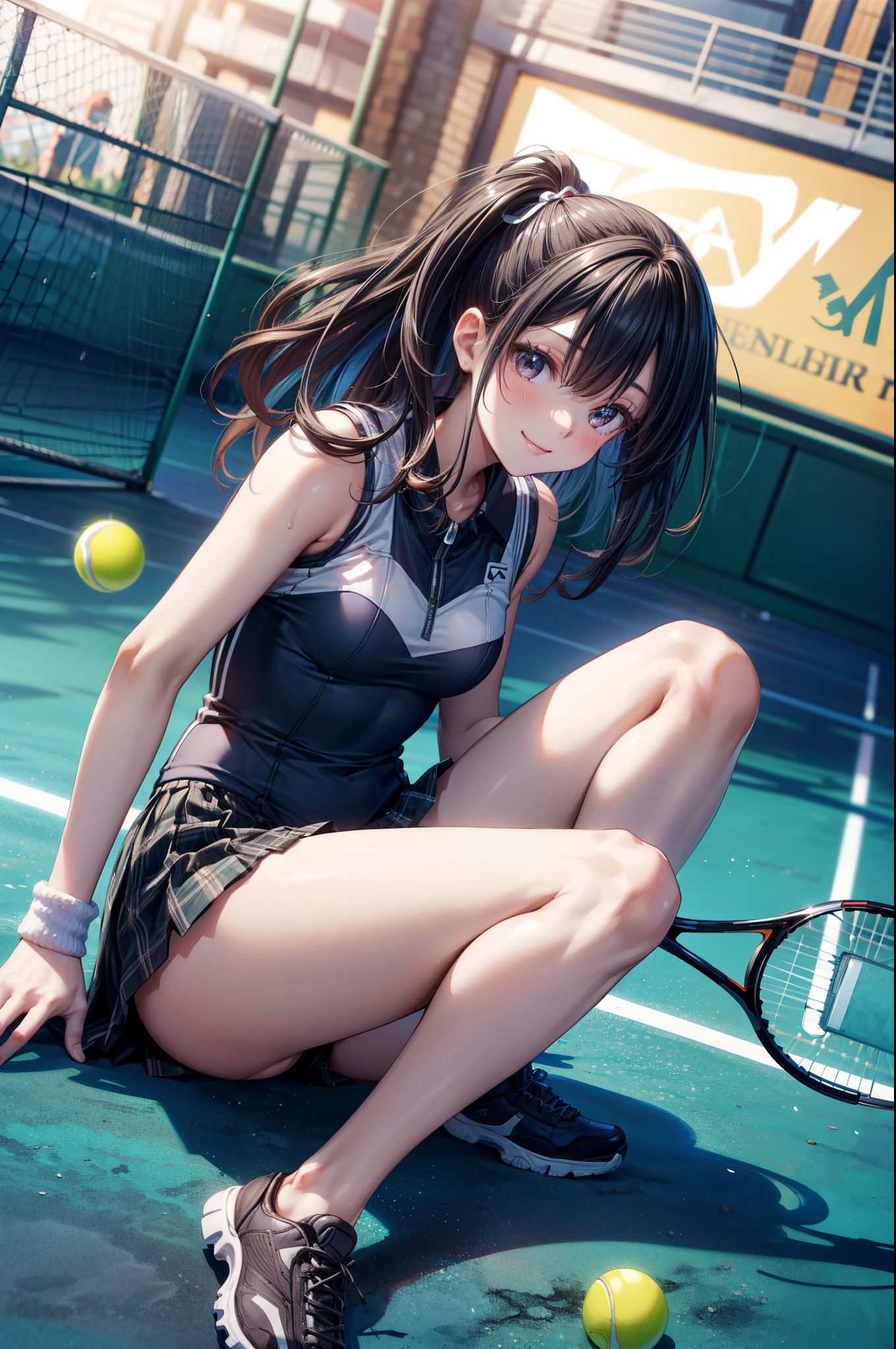 ((Tennis wear)), Masterpiece, (((highland resort))), miniskirt, black hair, black eyes, beautiful woman, 25 years old, small breasts, sexy, dynamic pose, high quality, smile, sexy angle,skindentation,dutch angle,from below,(visible nipples:0.8),(Very cute girl), sit,