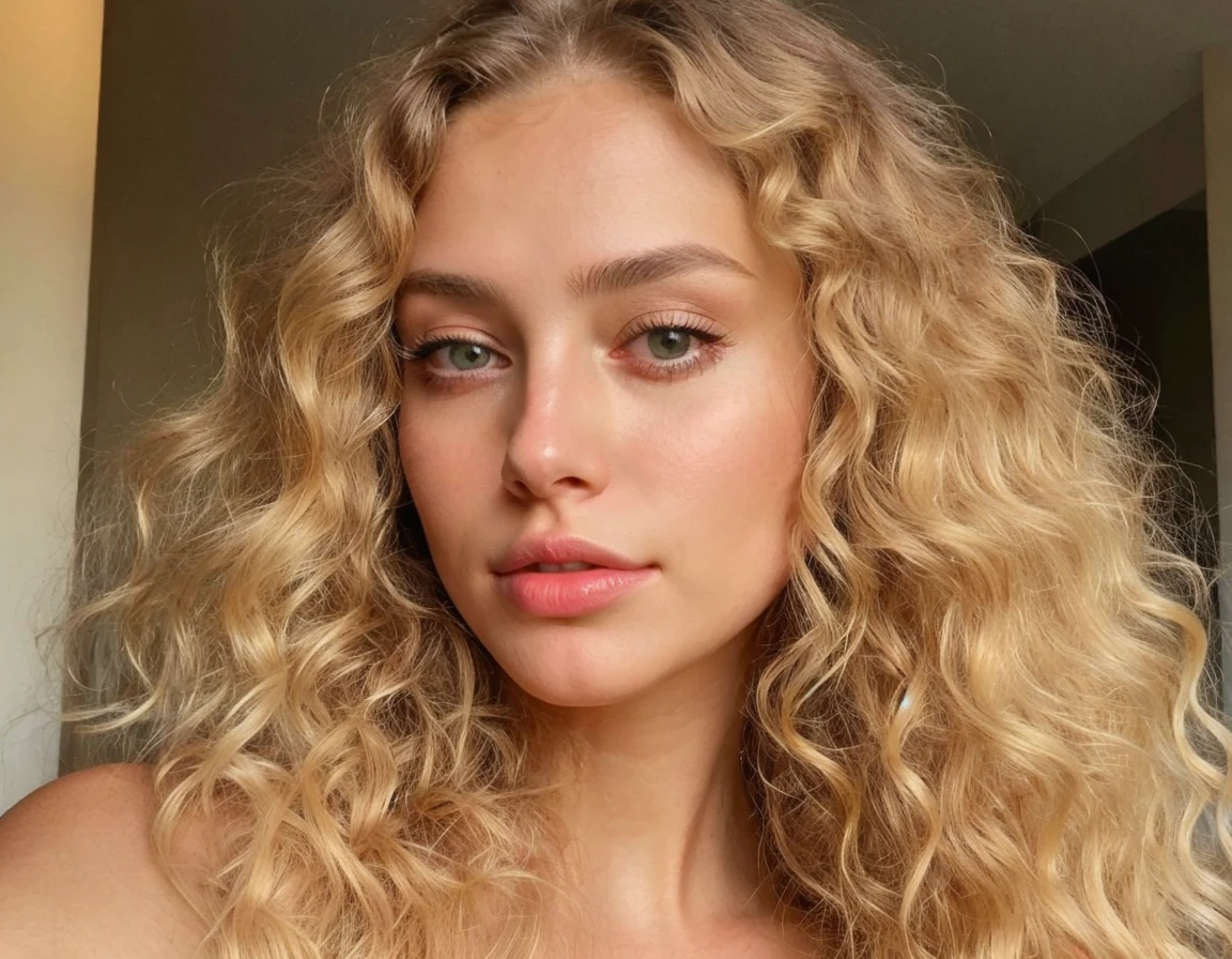 beautiful blonde girl cute model face sharp jawline glowing glass skin Instagram photo ultra realistic detailed posing with her back side big bums slim curvy bikini