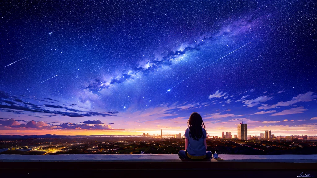 octans, sky, star (sky), scenery, starry sky, night, 1girl, night sky, solo, outdoors, building, cloud, milky way, sitting, tree, long hair, city, silhouette, cityscape