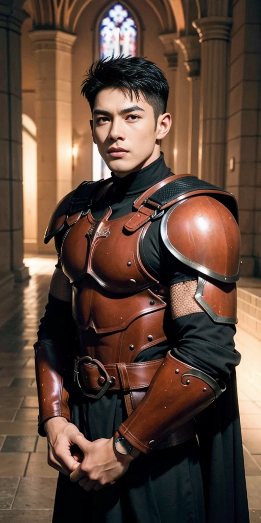 超High resolution, Highest quality, photograph, 4K, (photographrealistic: 1.4), Cinema Lighting, 上半身裸のMuscular man, Abs in Medieval Crimson Armor, Muscular man, Abs in Crimson Medieval Armor, Environment Cyberpunk, cathedral, Portal of the future, 3D light, High resolution, magic, light god, Backlight, Detailed face, Contrasting, Smooth Skin, Soft hands, Correct Anatomy, Five Fingers.