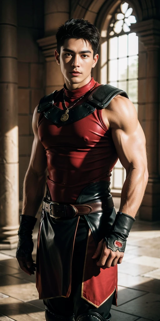 超High resolution, Highest quality, photograph, 4K, (photographrealistic: 1.4), Cinema Lighting, 上半身裸のMuscular man, Abs in Medieval Crimson Armor, Muscular man, Abs in Crimson Medieval Armor, Environment Cyberpunk, cathedral, Portal of the future, 3D light, High resolution, magic, light god, Backlight, Detailed face, Contrasting, Smooth Skin, Soft hands, Correct Anatomy, Five Fingers.