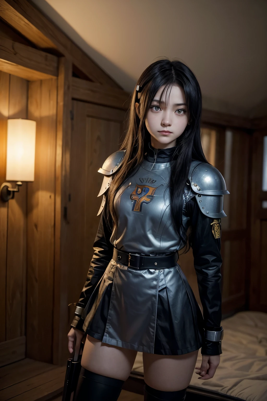 art by yaguru magiku, A teenage girl wearing black knight armor, angry smile, in the style of Kyoto animation in the 2010s, offcial art, ((((Bblack hair)), haruhi suzumiya eyes, haruhi suzumiya face)), beautiful symmetrical face, hypdertailed, in a medieval European castle on an autumn day, fancy, standing alone, standing alone, 8K, pose de Haruhi Suzumiya