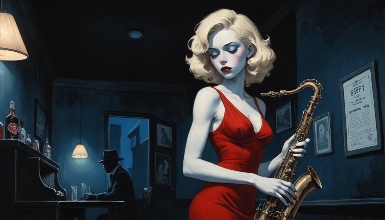 robert johnson, gritty, alabama bar, blue note, charismatic , red dress, illustration, noir fantasy, lone blonde lady, sad ending, saxophonist