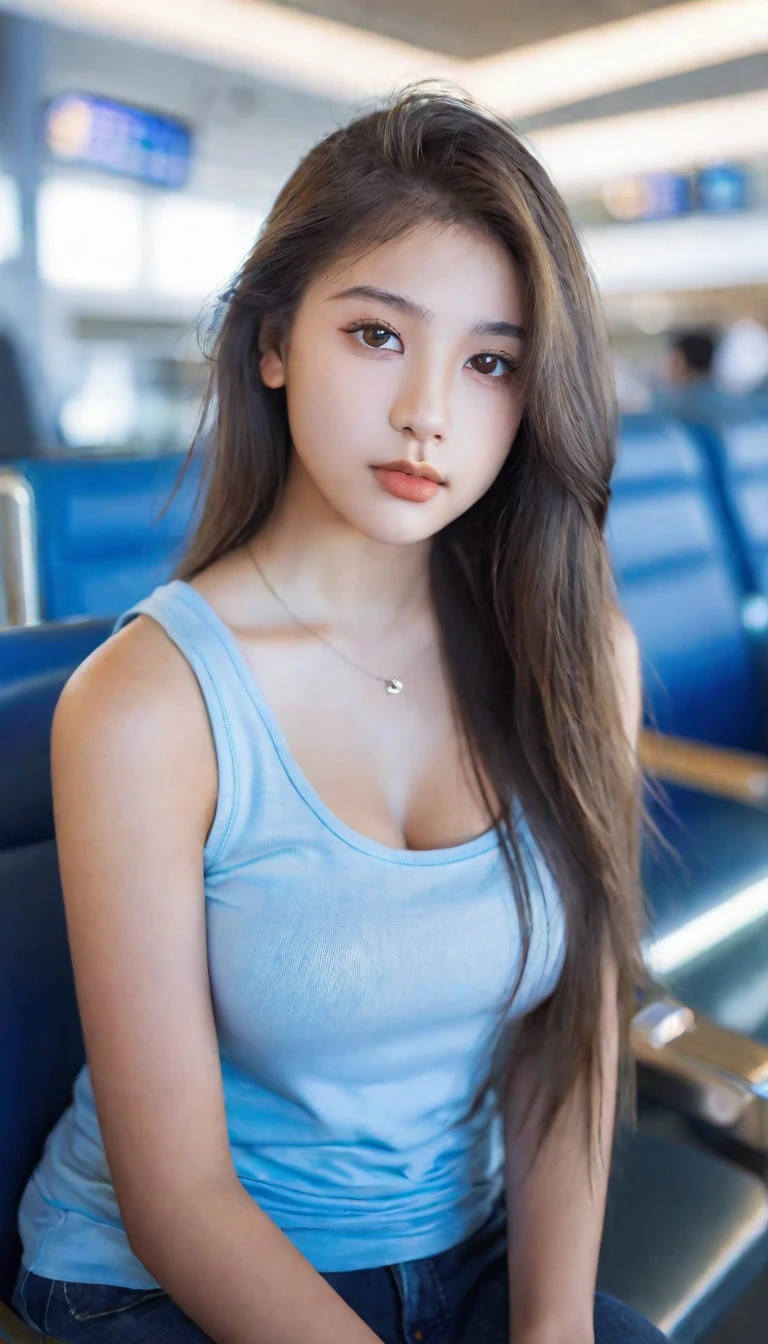 extreme close-up of -old beauul girl, big nose, straight hair, huge breasts, wearing fitting tank top, sitting in terminal lounge, bokeh background, UHD