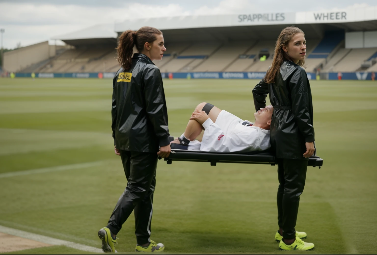 There are two madeup women I shiny and wetlook outfits carrying a stretcher on a sports ground, there is a slightly bearded and attractive young male sportsman lying injured on a stretcher with a very painful expression, there is a sportsman lying on his back on a stretcher and covers his painful looking face with his hands, there are women in wetlook laquered outerwear carrying a man on a stretcher in a sports stadium, there is a man on a stretcher being carried by two very madeup women, there is a bearded soccer-player lying on a stretcher, there is a soccer-player on a stretcher with his hands over his face, a soccer-player is lying on a stretcher and has put his hands over his face, soccer, football