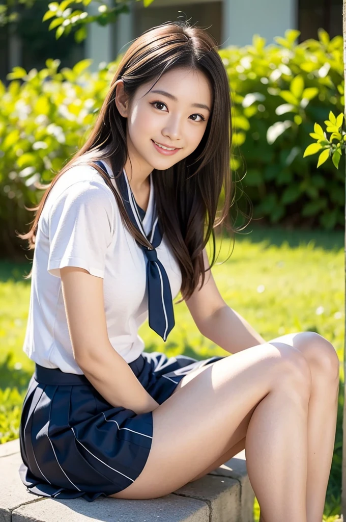 Pure young Japanese cheerleader girl, wearing summer uniforms, natural hair styles, impressive big brown eyes, no makeup, thick eyebrows, pure smile, refreshing in summer sunlight, feeling soft breeze in hair, sexual attractive, professional portrait photography, sitting, 