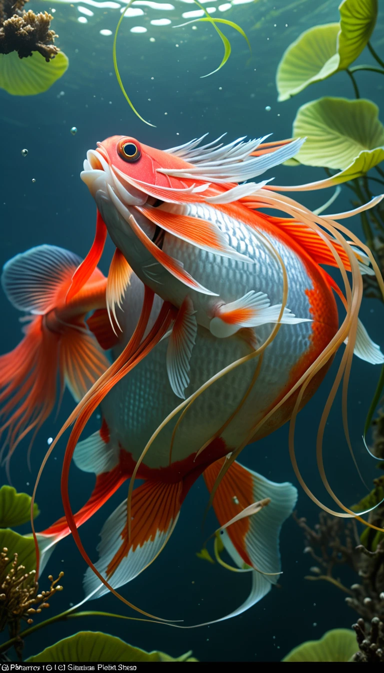 Panorama，河里有一种Mysterious Creatures：Red fish body，Fish head looks like a human face，Mysterious Creatures, shrike, (best quality，4K，8K，High level，masterpiece：1.2），Ultra Detailed，（lifelike，Photo real，Photo real：1.37），Highly detailed animals，Complex patterns，Realistic lighting，Fantasy Creatures