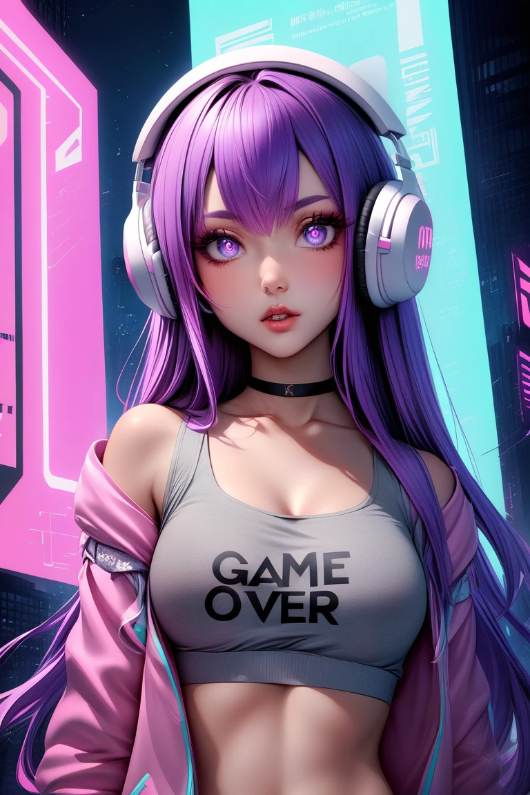 This is a digital illustration of an anime girl wearing a grey bra top with a pink trim and the words "GAME OVER" written over the bust. The girl is wearing a black choker and has long purple hair with white streaks in it. She is wearing pink and white headphones and has large eyes. The background is a blurry scene with a light blue, grey, white, and pink color scheme. The image appears to be set in a video game or in a virtual world, with a heavy emphasis on the neon color palette that commonly appears in games and anime.