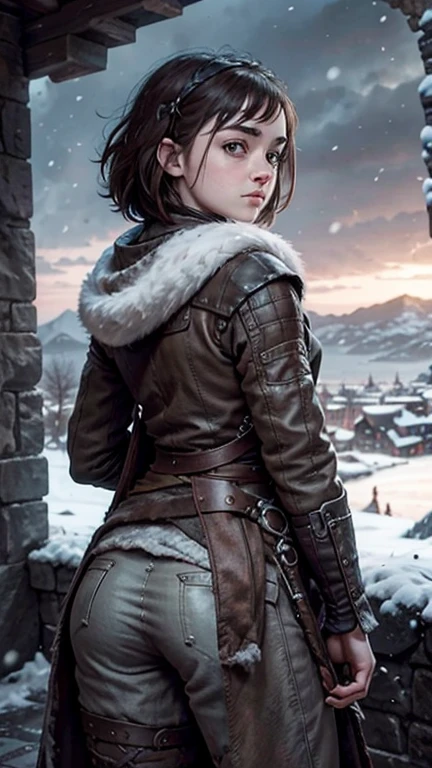 8k, Maisie Williams face, beautiful face, game of thrones character model, smiling, pale white skin, toned abs, small breast, round ass, tight ass, tight asshole, tight pussy, virgin pussy, her round ass visible, tied long brown hair, Maisie Williams as Arya Stark, torn ragged loincloth, standing stance, winterfell city in background, snowing, back View, sharp focus on her ass