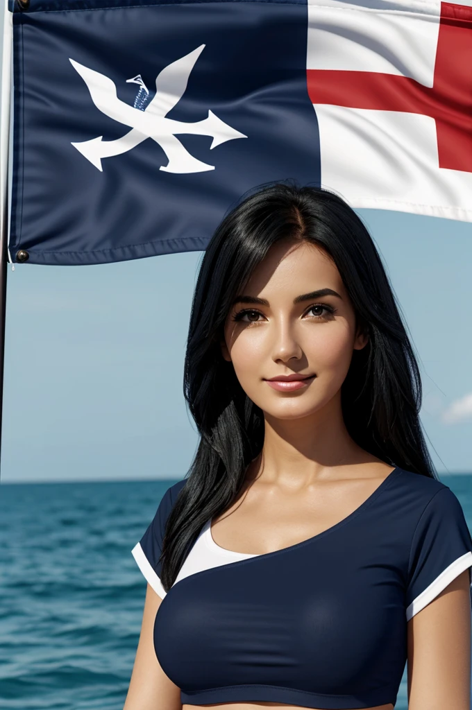 Navy blue 3D waving flag with the flag of a woman with a slim, pretty face and black hair with the name Luisa