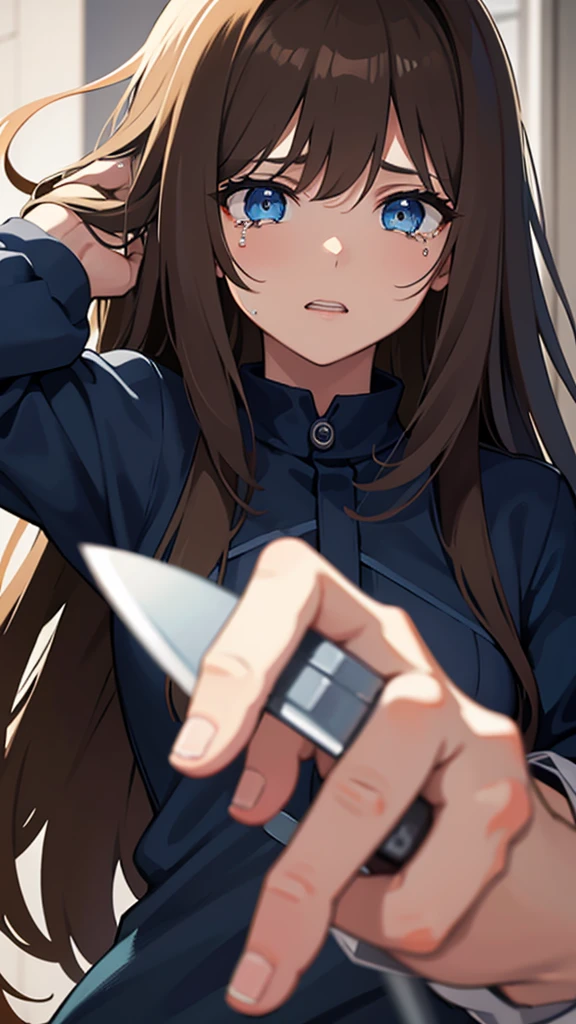 Adult, long brown hair with bangs, blue eyes, knife, bloody, crying 