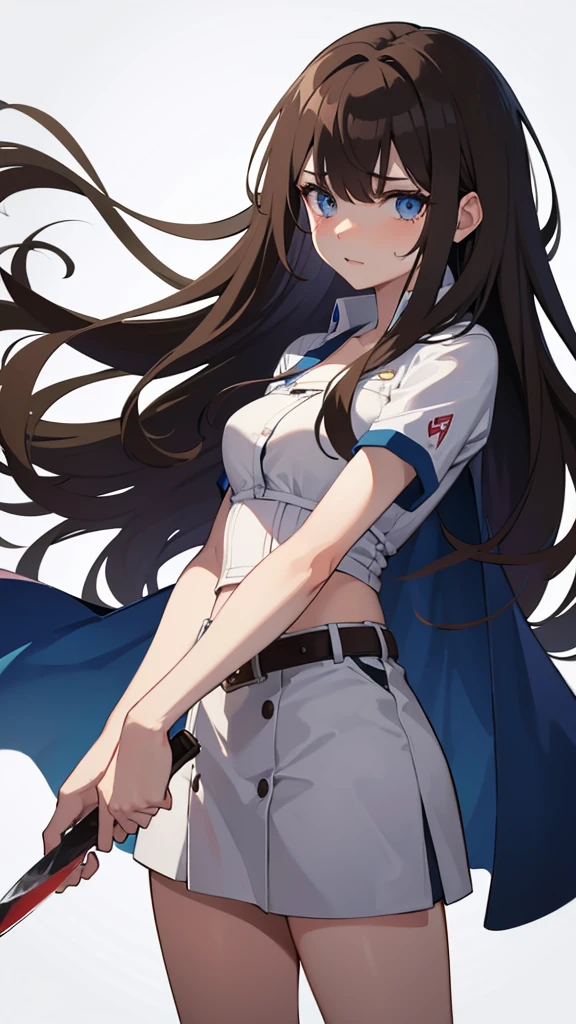 Adult, long brown hair with bangs, blue eyes, knife, bloody, crying 