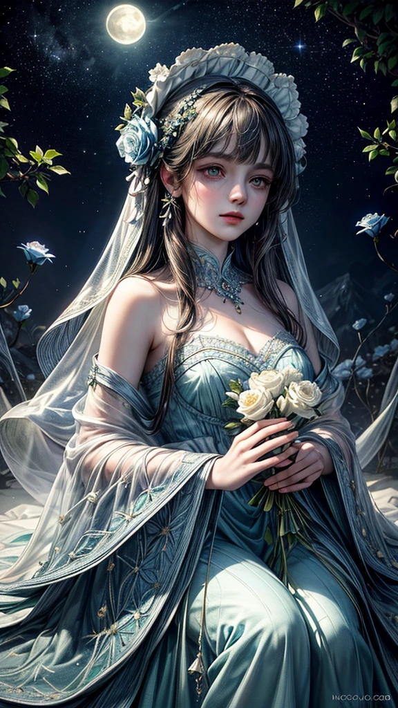 cara detallada, well-defined beautiful girl close-up, full body, slight smile, filigree, ultra highly detailed, mannerism, surrealism digital painting, by Marc Todd, Nicoletta Ceccoli, Ray Caesar, WLOP, close up half water transparent luminous nymph half blue rose, swirling blue rose vines, trees big blue closed rose flowers, moon, moonlight, detailed night sky with stars and clouds, lavish green leaves, garden, blossoming, stars, sparks, Van Gogh starry sky, celestial glowing, glowing aura, mystical, water drops, highly detailed, intricated, intricated pose, complex background, oil painting, thick strokes, mannerism, vibrant colors, masterpiece, high quality, 32k, best quality, vestido transparente sexi, senos pequeños, panti transparente, ojos dorados,