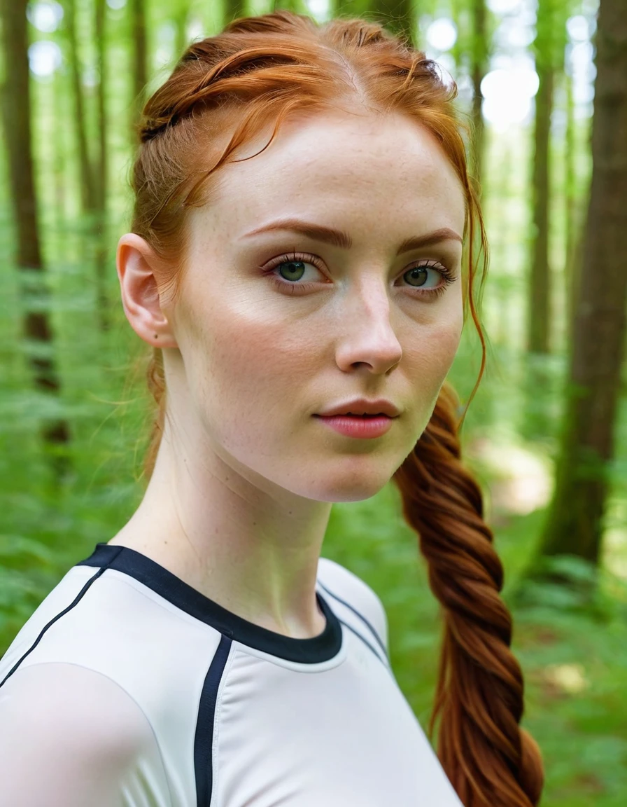 Photography full body of a very beautiful realistic girl,walk in the woods, porcelain skin, very light skin, very pale skin, redhead, wavy, pony tail, Detail of skin structure, hazel eyes, Slit eyes, small-nose, small nostril, think of arched eyebrows, thick lower lip, seductive glance, happy face, unique face, Wear sportswear, detailed photo, foto realista, Masterpiece Image, sharp image, clear daylight outside
