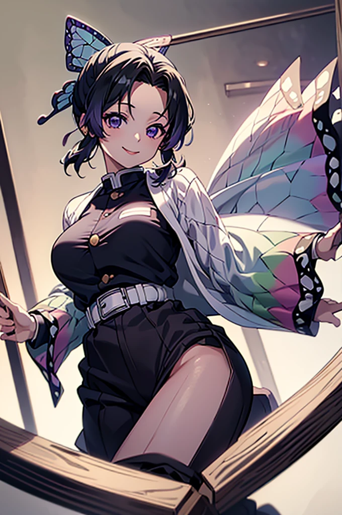 (masterpiece:1.3), (best quality:1.1), (8k, ultra detailed, ultra high res:1.2), ((anime style)), perfect 5 fingers, perfect anatomy, 
1girl,
BREAK short hair, black hair, hair intakes, gradient hair, 
purple eyes, 
bow in hair, butterfly, 
[large breasts], 
BREAK black shirt, black tethered pants, white haori, smile, 
looking at viewer, 
cowboy shot, 
perfect light, indoors, wariza, 