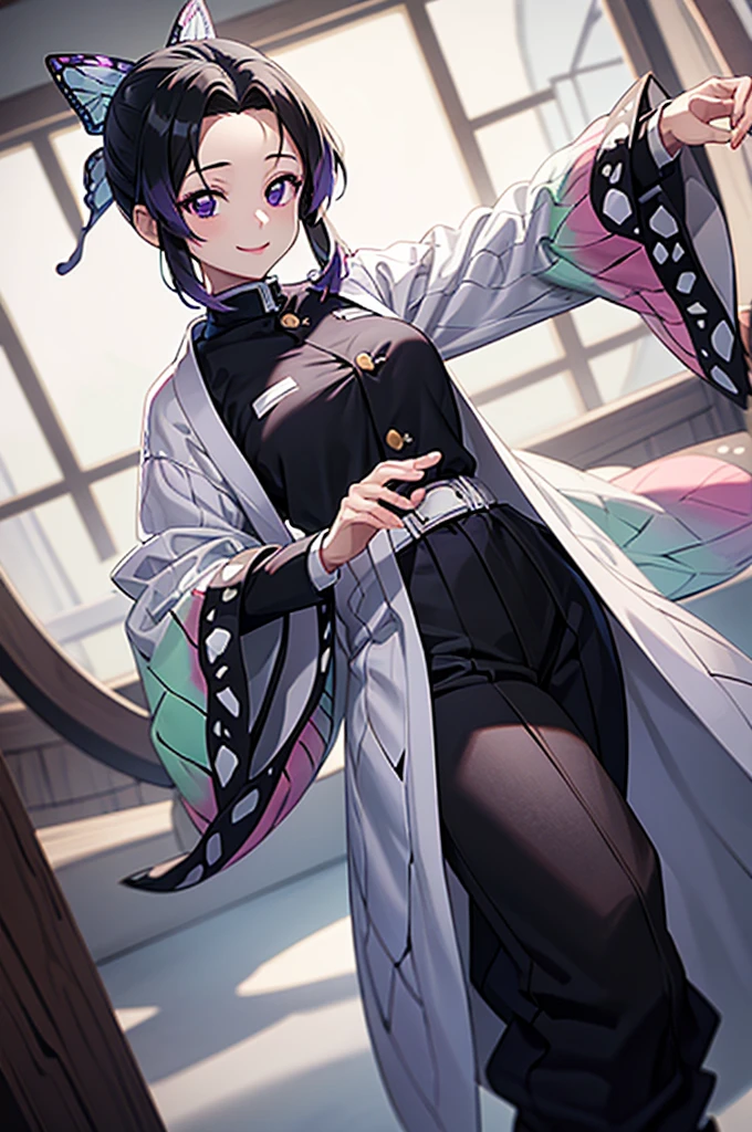 (masterpiece:1.3), (best quality:1.1), (8k, ultra detailed, ultra high res:1.2), ((anime style)), perfect 5 fingers, perfect anatomy, 
1girl,
BREAK short hair, black hair, hair intakes, gradient hair, 
purple eyes, 
bow in hair, butterfly, 
[large breasts], 
BREAK black shirt, black tethered pants, white haori, smile, 
looking at viewer, 
cowboy shot, 
perfect light, indoors, wariza, 