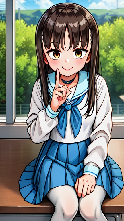 One girl, classroom, Cowboy Shot, Sitting, smile, 
yuzuki_maple, 茶色Eyes, Brown Hair, Long Hair, , Seraphim, White shirt, Blue Skirt, Pleated skirt, Highest quality, masterpiece, High resolution, Eyes,smile, Ruffled shirt collar,Dark red choker,White frill shirt,Juliet Sleeve,Long sleeve,Dark red neck ribbon,Dark red dress,White ruffle dress,White layered dress,Brown corset,Striped pantyhose, Mary Jane,Outdoor,, Amazing visuals, High resolution,masterpiece,Highest quality,Amazing visuals,High resolution,masterpiece,Highest quality,1 Beautiful Fingers,Beautiful long legs,Beautiful body,Beautiful character design,Esbian all over、 Cowboy Shot