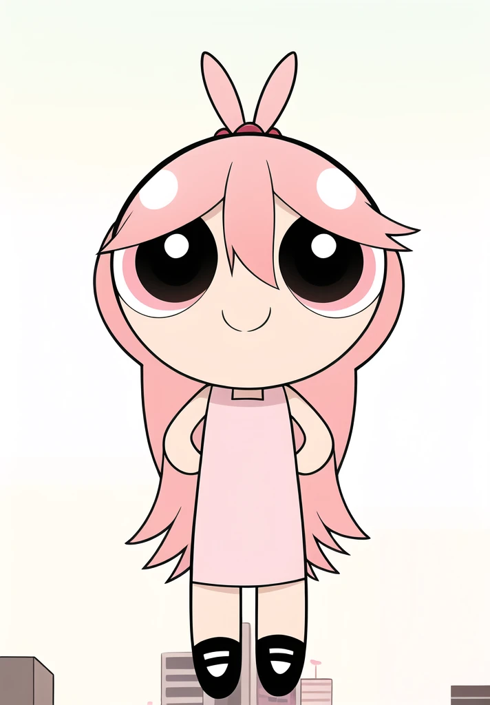 ((cute smile)), full body, 1girl , chibi, hair ornament, pink hair, brown eyes, cute Dress, city background,
