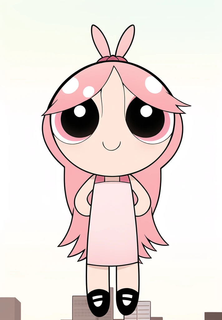 ((cute smile)), full body, 1girl , chibi, hair ornament, pink hair, brown eyes, cute Dress, city background,