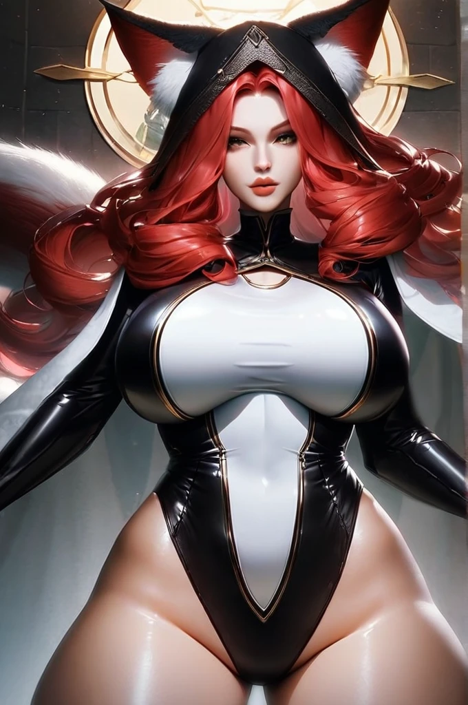 ((Лучшее качество)), ((шедевр)), (подробный), kitsune, very large breasts, latex black jumpsuit, sexy appearance, red hair, long fox ears, big lips, full-length, one-piece full-body suit