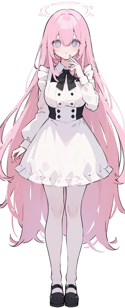(((Long pinky Beautiful Hair))),pink hair,kawai,(((Eyes visible from bangs,hair over eyes:1.3))),,Huge breasts,(dark black color eyes),,(depression black darkslanted eyes),1girl in,bangs,long CYAN hair, pantyhose,Cowboy Shot,white background,short hair,smiled,(wearing pink maid clothes), (maid dress type must have a perfect pink vest), Bangs should be long to the tip of the chin(((Standing pose facing to the right side free hand pose))), white background, Perfect arm fingers,,, 1 girl, ((The image must match the tag)) Bangs almost cover the eyes full body (The character's entire body from top to bottom is completely visible) (The character's entire body is visible from head to toe) wearing shiny pink shoes (full body image full body image) full body image full body image) white background, Long slim legs