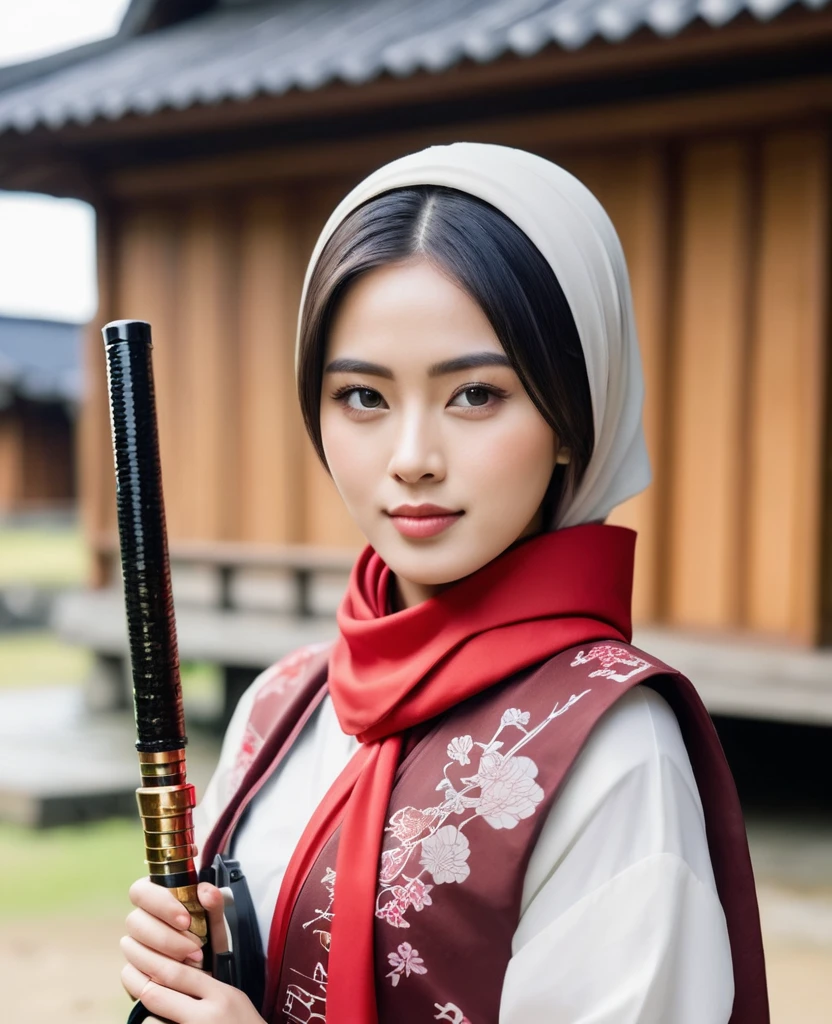 Young Indonesian women, wearing red hijab syar'i , Samurai armor Shogun with hair tied up, perfect hand holding a fishing rod, closeup photo, there is a wooden house, written in Japanese letters,